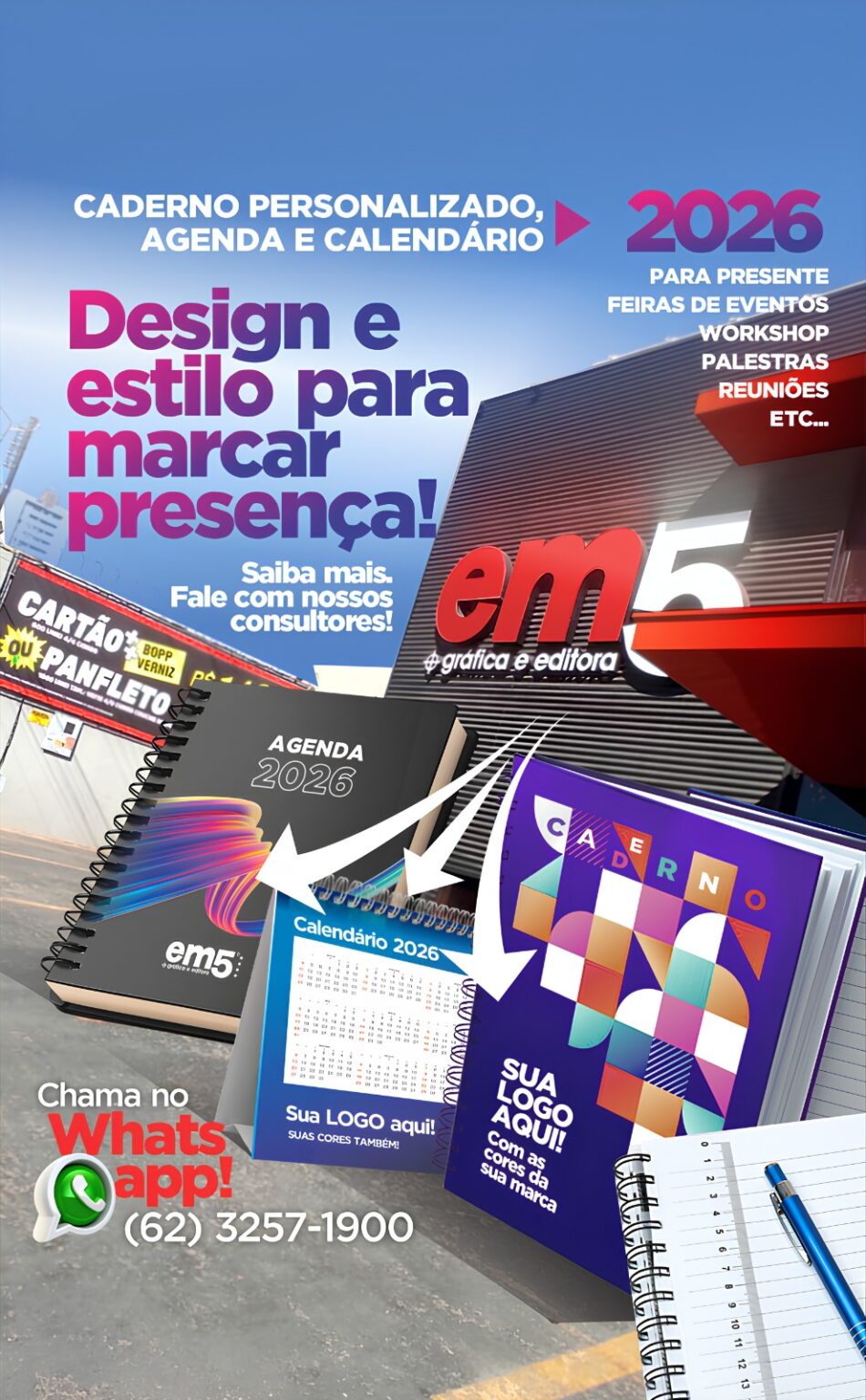 Caderno personalizado, agenda e calendário 2026 da Gráfica EM5